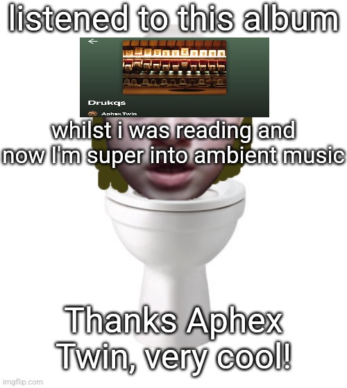 skibidi nat | listened to this album; whilst i was reading and now I'm super into ambient music; Thanks Aphex Twin, very cool! | image tagged in skibidi nat | made w/ Imgflip meme maker