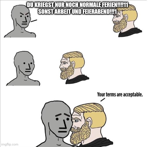 Your terms are acceptable | DU KRIEGST NUR NOCH NORMALE FERIEN!!!!11
SONST ARBEIT UND FEIERABEND!!!1 | image tagged in your terms are acceptable | made w/ Imgflip meme maker