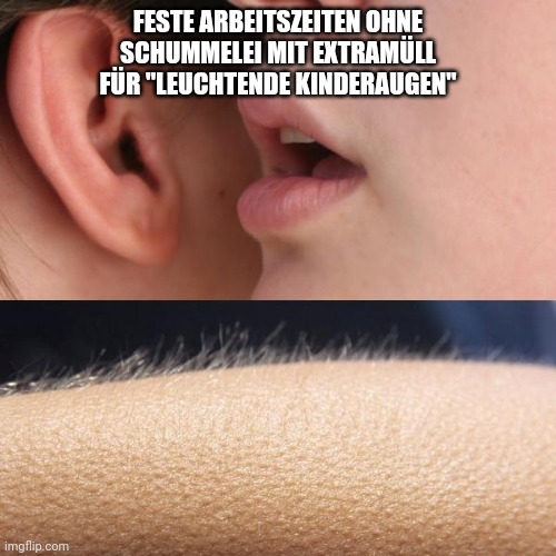 Whisper and Goosebumps | FESTE ARBEITSZEITEN OHNE SCHUMMELEI MIT EXTRAMÜLL FÜR "LEUCHTENDE KINDERAUGEN" | image tagged in whisper and goosebumps | made w/ Imgflip meme maker