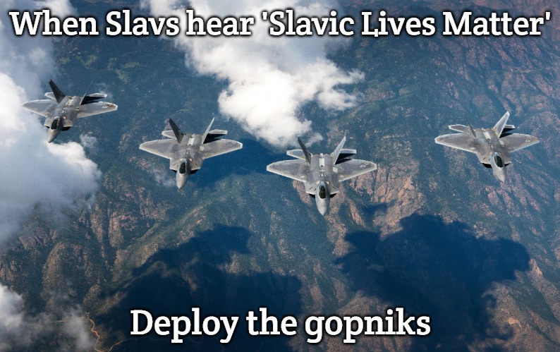 Slavic United States Air Force | When Slavs hear 'Slavic Lives Matter'; Deploy the gopniks | image tagged in slavic united states air force,slavic air | made w/ Imgflip meme maker