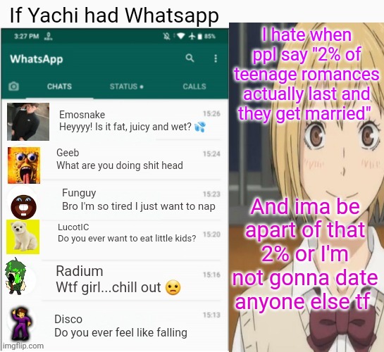 If yachi had Whatsapp | I hate when ppl say "2% of teenage romances actually last and they get married"; And ima be apart of that 2% or I'm not gonna date anyone else tf | image tagged in if yachi had whatsapp | made w/ Imgflip meme maker