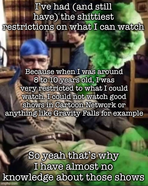 They made me watch shit for people who were 5 | I’ve had (and still have) the shittiest restrictions on what I can watch; Because when I was around 8 to 10 years old, I was very restricted to what I could watch. I could not watch good shows in Cartoon Network or anything like Gravity Falls for example; So yeah that’s why I have almost no knowledge about those shows | image tagged in waltuh,msmg | made w/ Imgflip meme maker