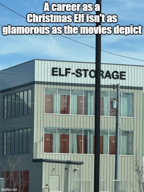 Elf Storage | A career as a Christmas Elf isn't as glamorous as the movies depict | image tagged in xmas,christmas,elf,work | made w/ Imgflip meme maker