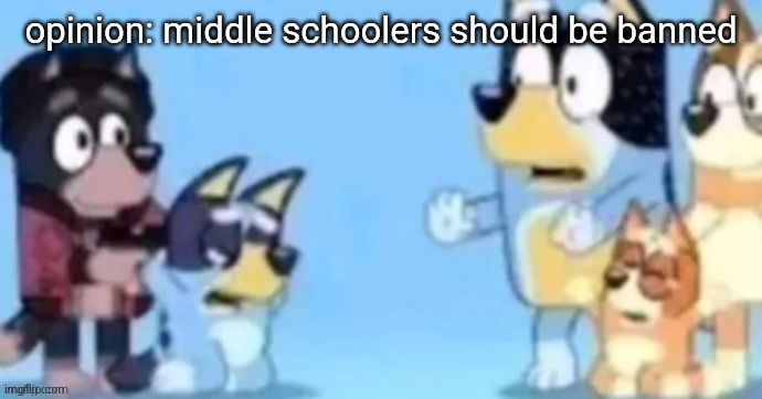 bluey gunpoint | opinion: middle schoolers should be banned | image tagged in bluey gunpoint | made w/ Imgflip meme maker