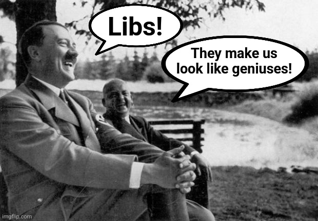 Adolf Hitler laughing | Libs! They make us
look like geniuses! | image tagged in adolf hitler laughing | made w/ Imgflip meme maker