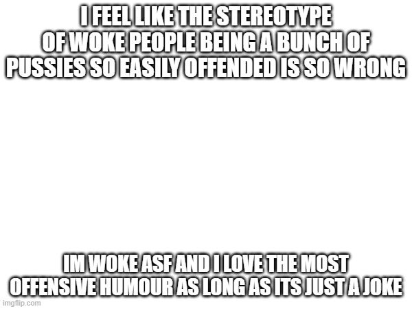 I FEEL LIKE THE STEREOTYPE OF WOKE PEOPLE BEING A BUNCH OF PUSSIES SO EASILY OFFENDED IS SO WRONG; IM WOKE ASF AND I LOVE THE MOST OFFENSIVE HUMOUR AS LONG AS ITS JUST A JOKE | made w/ Imgflip meme maker