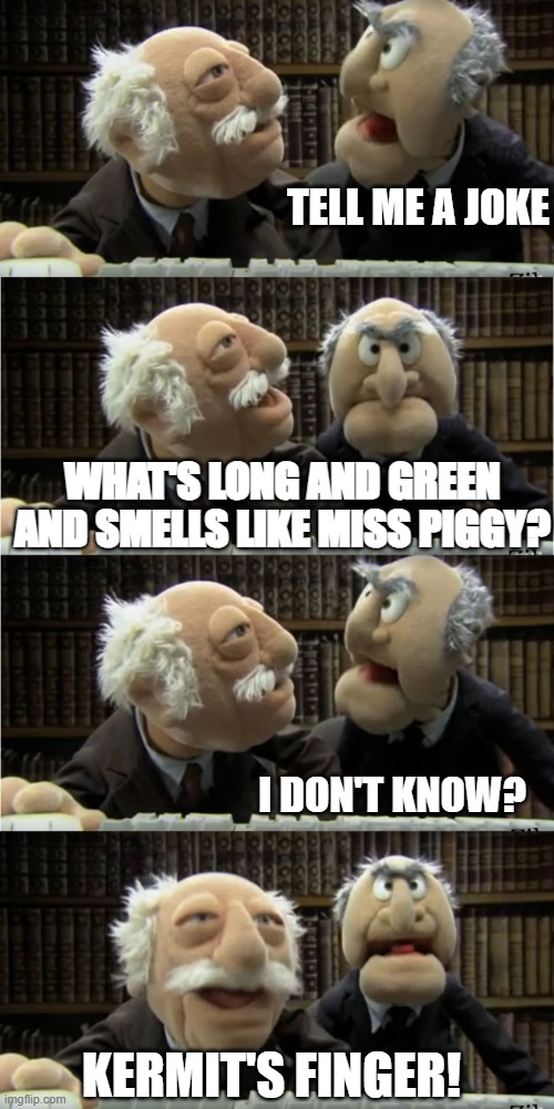 What's long and green | TELL ME A JOKE; WHAT'S LONG AND GREEN AND SMELLS LIKE MISS PIGGY? I DON'T KNOW? KERMIT'S FINGER! | image tagged in statler and waldorf at the computer | made w/ Imgflip meme maker
