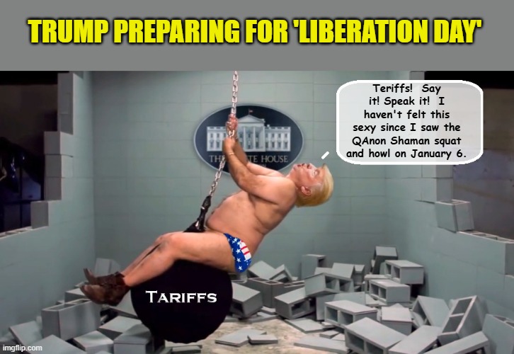 Feeling Patriotic, and a little horny, President Pull-Ups shows how little he knows or cares about the US Economy | TRUMP PREPARING FOR 'LIBERATION DAY'; Teriffs!  Say it! Speak it!  I haven't felt this sexy since I saw the QAnon Shaman squat and howl on January 6. | image tagged in impeach trump,trump is a moron,donald trump memes,donald trump the clown | made w/ Imgflip meme maker