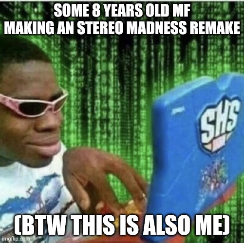 Ah yes | SOME 8 YEARS OLD MF MAKING AN STEREO MADNESS REMAKE; (BTW THIS IS ALSO ME) | image tagged in ryan beckford | made w/ Imgflip meme maker
