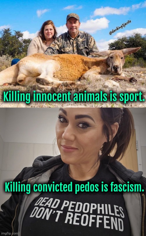 First World Society is rotten | @darking2jarlie; Killing innocent animals is sport. Killing convicted pedos is fascism. | image tagged in liberals,liberal logic,republicans,democrats,trump | made w/ Imgflip meme maker