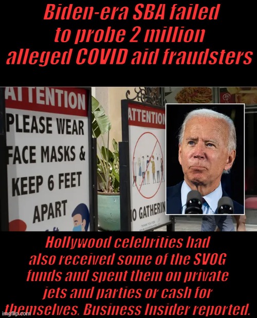We need bigger gov. | Biden-era SBA failed to probe 2 million alleged COVID aid fraudsters; Hollywood celebrities had also received some of the SVOG funds and spent them on private jets and parties or cash for themselves, Business Insider reported. | made w/ Imgflip meme maker