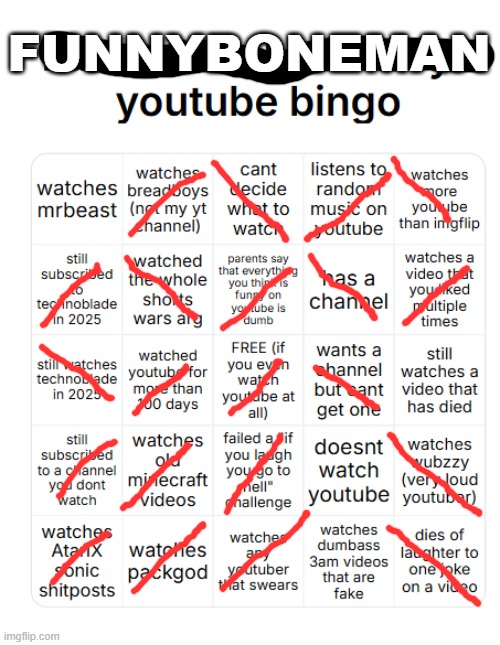 fatherfrombreadboys youtube bingo | FUNNYBONEMAN | image tagged in fatherfrombreadboys youtube bingo | made w/ Imgflip meme maker
