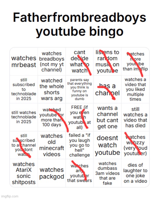 fatherfrombreadboys youtube bingo | image tagged in fatherfrombreadboys youtube bingo | made w/ Imgflip meme maker