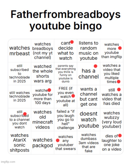 fatherfrombreadboys youtube bingo | image tagged in fatherfrombreadboys youtube bingo | made w/ Imgflip meme maker