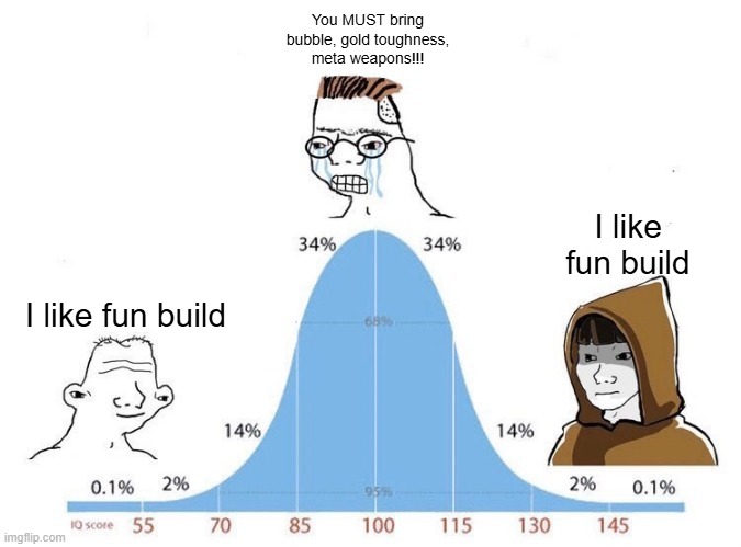 Bell Curve | You MUST bring bubble, gold toughness, meta weapons!!! I like fun build; I like fun build | image tagged in bell curve | made w/ Imgflip meme maker