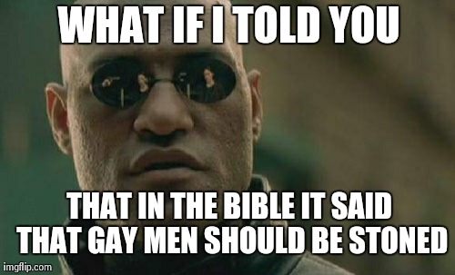 Matrix Morpheus Meme | WHAT IF I TOLD YOU THAT IN THE BIBLE IT SAID THAT GAY MEN SHOULD BE STONED | image tagged in memes,matrix morpheus | made w/ Imgflip meme maker