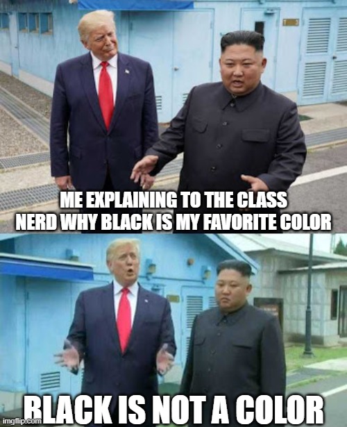 Trump and Kim | ME EXPLAINING TO THE CLASS NERD WHY BLACK IS MY FAVORITE COLOR; BLACK IS NOT A COLOR | image tagged in trump and kim | made w/ Imgflip meme maker