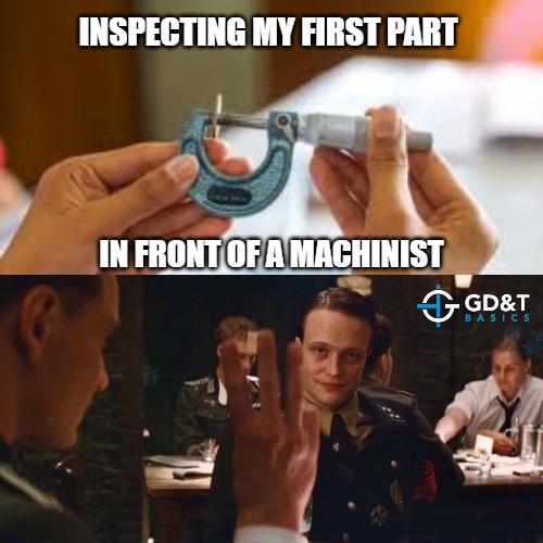 when faking it till you make it falls apart | INSPECTING MY FIRST PART; IN FRONT OF A MACHINIST | image tagged in three glasses,memes,manufacturing,engineering,engineer,quality | made w/ Imgflip meme maker