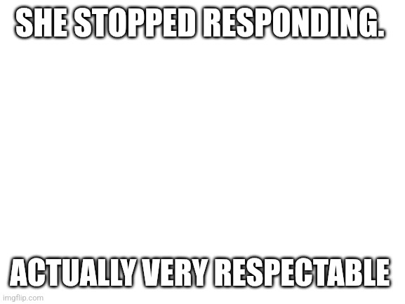 Blank White Template | SHE STOPPED RESPONDING. ACTUALLY VERY RESPECTABLE | image tagged in blank white template | made w/ Imgflip meme maker