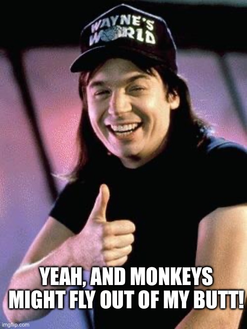 Wayne's world  | YEAH, AND MONKEYS MIGHT FLY OUT OF MY BUTT! | image tagged in wayne's world | made w/ Imgflip meme maker