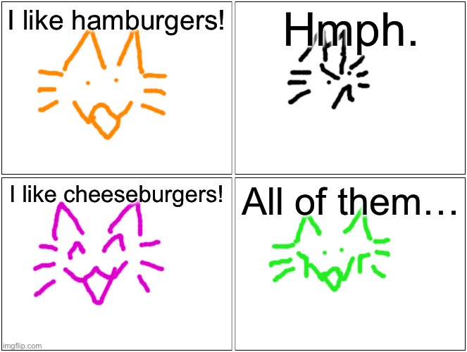 What is your favorite burger!? | I like hamburgers! Hmph. I like cheeseburgers! All of them… | image tagged in memes,blank comic panel 2x2 | made w/ Imgflip meme maker