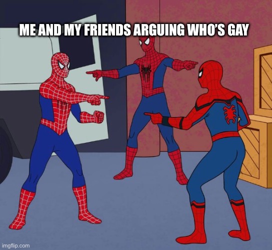 Ze enemy spay has already breached our defences | ME AND MY FRIENDS ARGUING WHO’S GAY | image tagged in spider man triple | made w/ Imgflip meme maker