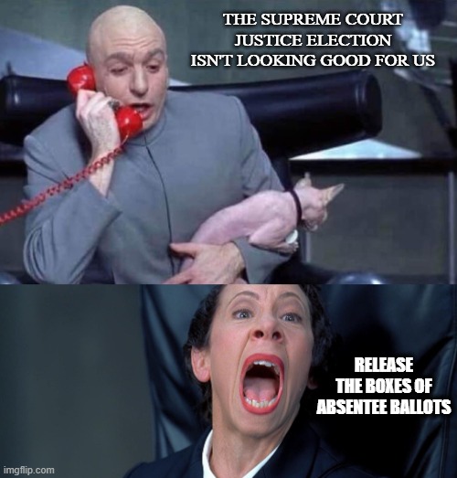 Dr Evil and Frau | THE SUPREME COURT JUSTICE ELECTION ISN'T LOOKING GOOD FOR US RELEASE THE BOXES OF ABSENTEE BALLOTS | image tagged in dr evil and frau | made w/ Imgflip meme maker