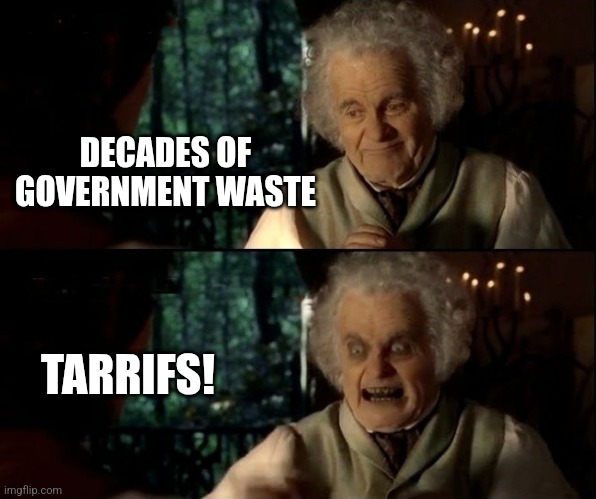 Bilbo scary face | DECADES OF GOVERNMENT WASTE TARRIFS! | image tagged in bilbo scary face | made w/ Imgflip meme maker