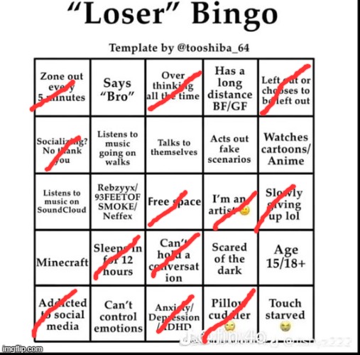 loser bingo | image tagged in loser bingo | made w/ Imgflip meme maker