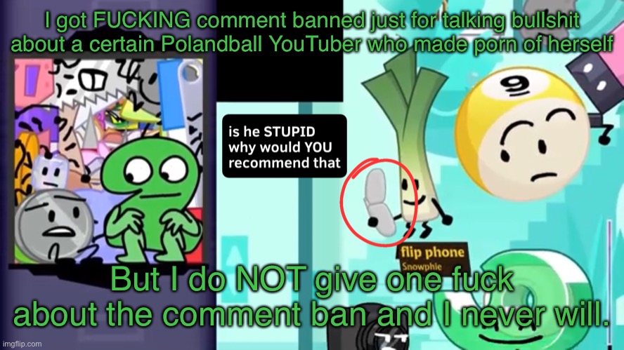 Also not giving TWO nor THREE fucks about the comment ban. | I got FUCKING comment banned just for talking bullshit about a certain Polandball YouTuber who made porn of herself; But I do NOT give one fuck about the comment ban and I never will. | image tagged in is he stupid why would you recommend that | made w/ Imgflip meme maker
