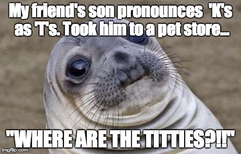 Awkward Moment Sealion Meme | My friend's son pronounces  'K's as 'T's. Took him to a pet store... "WHERE ARE THE TITTIES?!!" | image tagged in memes,awkward moment sealion | made w/ Imgflip meme maker