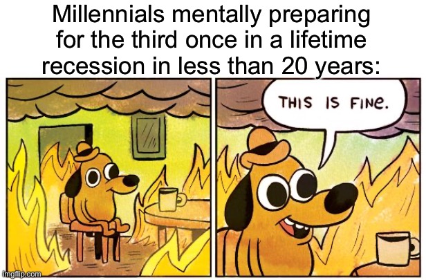 And I’m still not even 30 yet. | Millennials mentally preparing for the third once in a lifetime recession in less than 20 years: | image tagged in memes,this is fine,recession,donald trump,tariffs | made w/ Imgflip meme maker