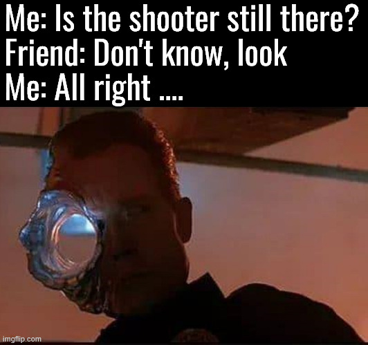 Guess he was still there | Me: Is the shooter still there?
Friend: Don't know, look
Me: All right .... | image tagged in dark humor | made w/ Imgflip meme maker