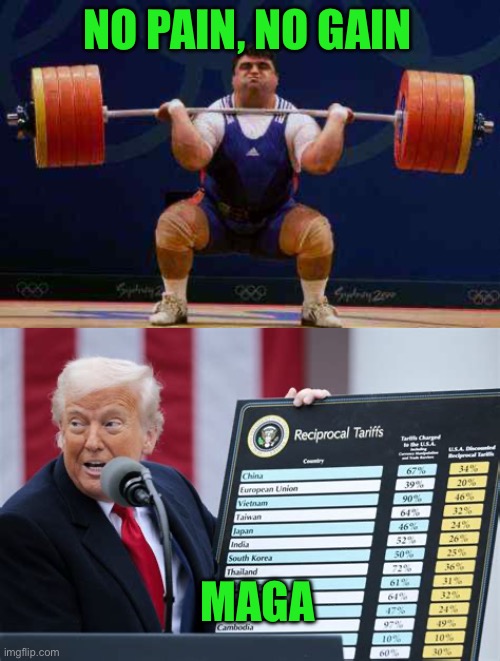 Be patient for long-term benefits | NO PAIN, NO GAIN; MAGA | image tagged in spring cleaning weightlifting,no pain no gain,tariffs | made w/ Imgflip meme maker