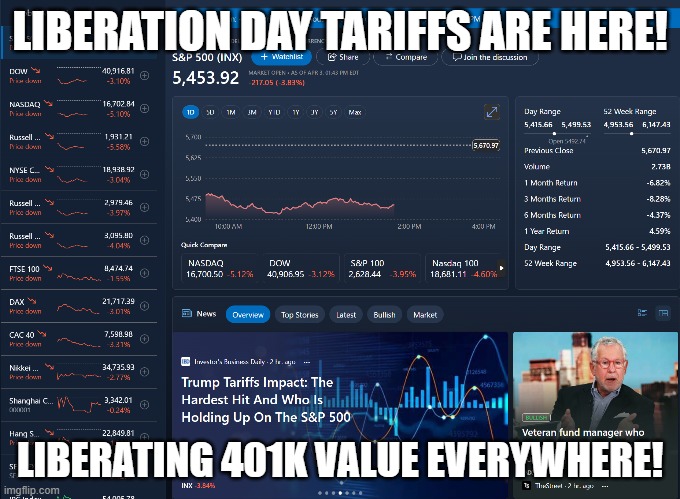 LIBERATION DAY TARIFFS ARE HERE! LIBERATING 401K VALUE EVERYWHERE! | made w/ Imgflip meme maker