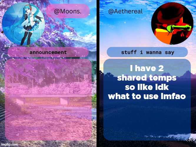 moons. and aethereal shared temp | i have 2 shared temps so like idk what to use lmfao | image tagged in moons and aethereal shared temp | made w/ Imgflip meme maker