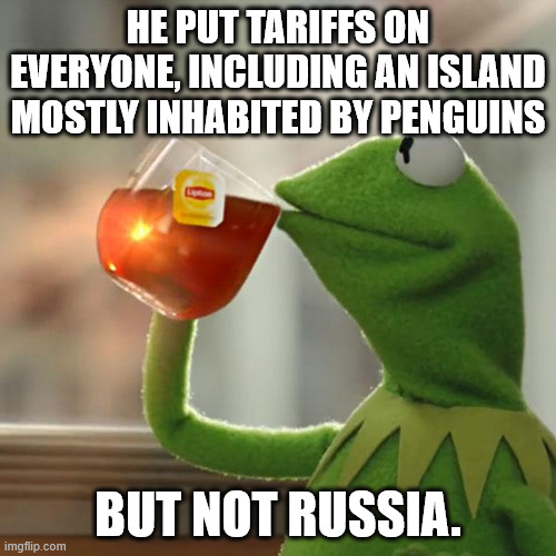 Huh | HE PUT TARIFFS ON EVERYONE, INCLUDING AN ISLAND MOSTLY INHABITED BY PENGUINS; BUT NOT RUSSIA. | image tagged in memes,but that's none of my business,kermit the frog | made w/ Imgflip meme maker