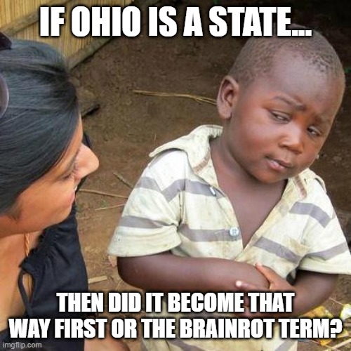 Can't think of a title | IF OHIO IS A STATE... THEN DID IT BECOME THAT WAY FIRST OR THE BRAINROT TERM? | image tagged in memes,third world skeptical kid,ohio,funny | made w/ Imgflip meme maker