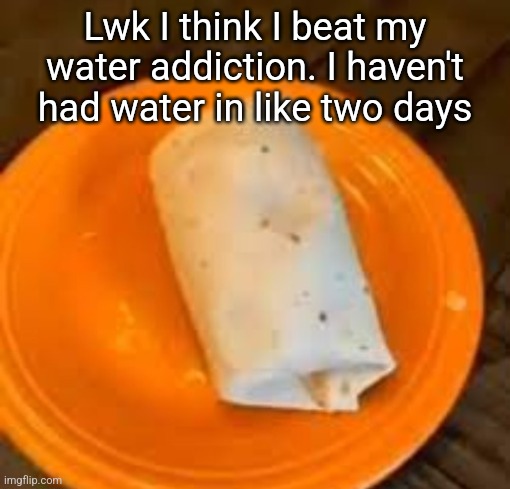 JimmyHere Burrito | Lwk I think I beat my water addiction. I haven't had water in like two days | image tagged in jimmyhere burrito | made w/ Imgflip meme maker