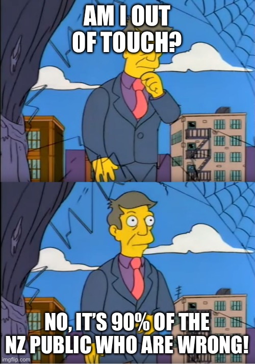 Skinner Out Of Touch | AM I OUT OF TOUCH? NO, IT’S 90% OF THE NZ PUBLIC WHO ARE WRONG! | image tagged in skinner out of touch | made w/ Imgflip meme maker