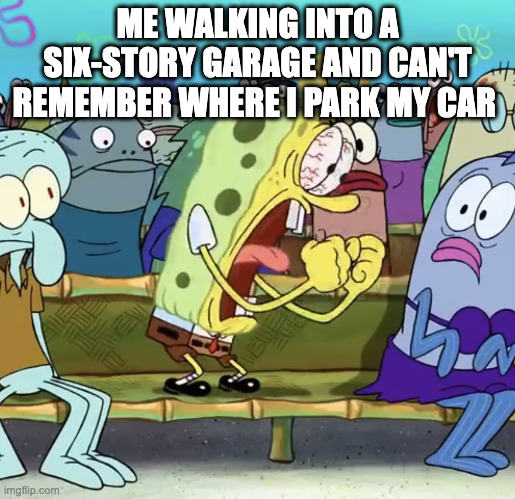 The parking lot nightmare | ME WALKING INTO A SIX-STORY GARAGE AND CAN'T REMEMBER WHERE I PARK MY CAR | image tagged in spongebob yelling | made w/ Imgflip meme maker