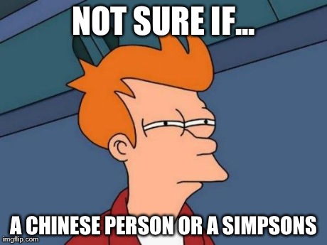 Racist? | NOT SURE IF... A CHINESE PERSON OR A SIMPSONS | image tagged in memes,futurama fry | made w/ Imgflip meme maker