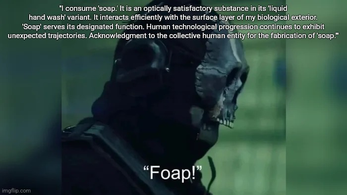 Foap | "I consume 'soap.' It is an optically satisfactory substance in its 'liquid hand wash' variant. It interacts efficiently with the surface layer of my biological exterior. 'Soap' serves its designated function. Human technological progression continues to exhibit unexpected trajectories. Acknowledgment to the collective human entity for the fabrication of 'soap.'" | image tagged in foap | made w/ Imgflip meme maker
