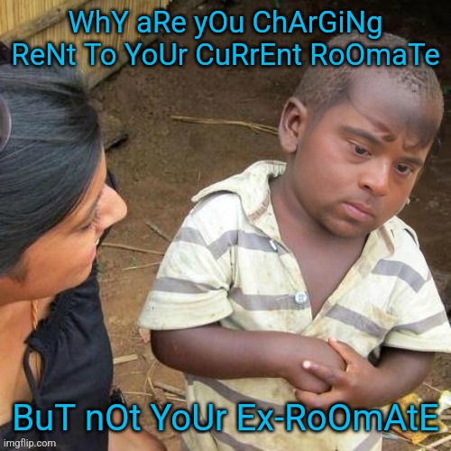 WhY aRe yOu ChArGiNg ReNt To YoUr CuRrEnt RoOmaTe BuT nOt YoUr Ex-RoOmAtE | made w/ Imgflip meme maker