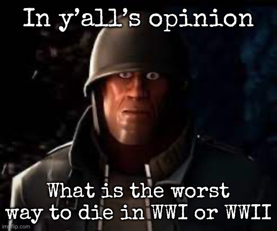 Emesis Blue Solider Staring | In y’all’s opinion; What is the worst way to die in WWI or WWII | image tagged in emesis blue solider staring,msmg | made w/ Imgflip meme maker