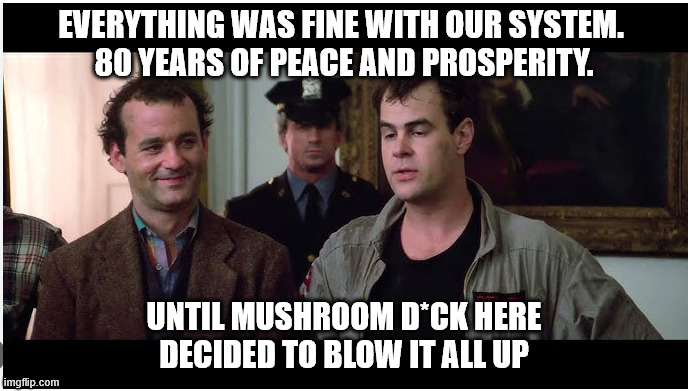 GHOSTBUSTERS. EVERYTHING WAS FINE... | EVERYTHING WAS FINE WITH OUR SYSTEM. 
80 YEARS OF PEACE AND PROSPERITY. UNTIL MUSHROOM D*CK HERE DECIDED TO BLOW IT ALL UP | image tagged in ghostbusters | made w/ Imgflip meme maker