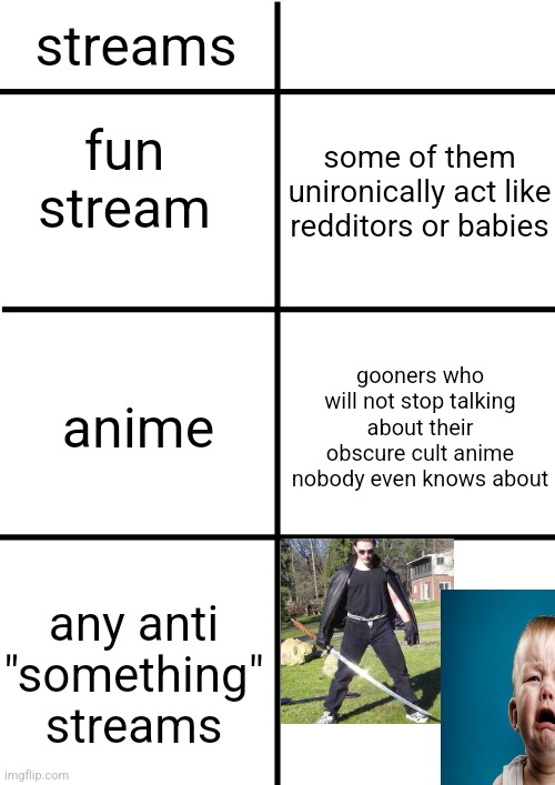Comparison Chart | streams; fun stream; some of them unironically act like redditors or babies; gooners who will not stop talking about their obscure cult anime nobody even knows about; anime; any anti "something" streams | image tagged in comparison chart | made w/ Imgflip meme maker