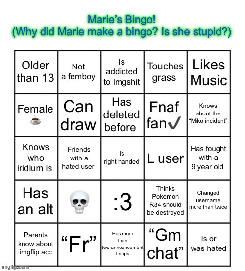 The Marie Bingo! | image tagged in the marie bingo | made w/ Imgflip meme maker