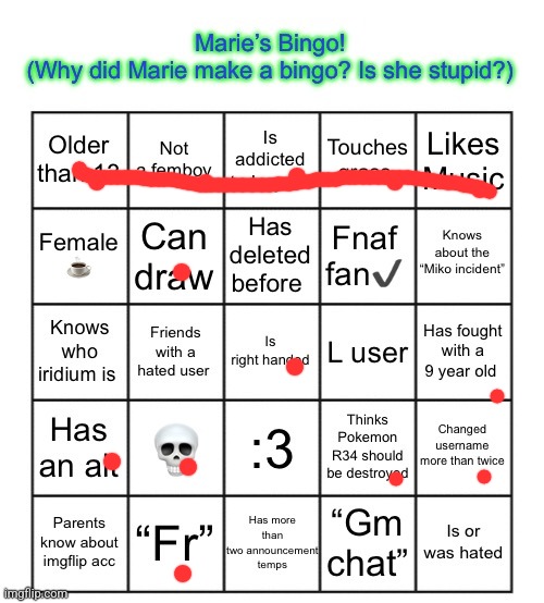 The Marie Bingo! | image tagged in the marie bingo | made w/ Imgflip meme maker