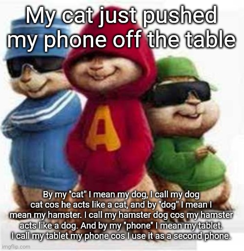 alvin and the madafakas | My cat just pushed my phone off the table; By my "cat" I mean my dog, I call my dog cat cos he acts like a cat, and by "dog" I mean I mean my hamster. I call my hamster dog cos my hamster acts like a dog. And by my "phone" I mean my tablet. I call my tablet my phone cos I use it as a second phone. | image tagged in alvin and the madafakas | made w/ Imgflip meme maker